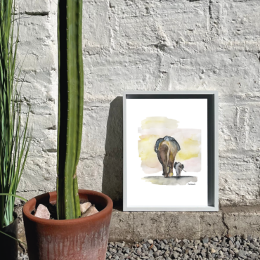 Cuadro Elefantes atardecer (acuarela)